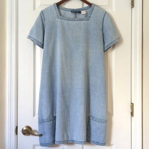 Orvis 80's Vintage Medium Wash Chambray Square Neck Short Sleeve Mini Dress M